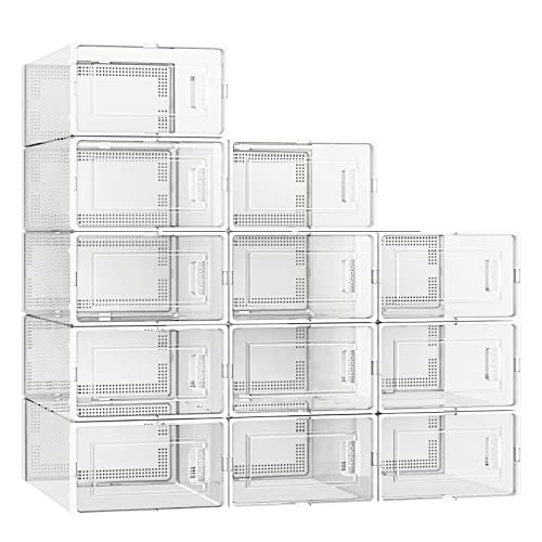 Fixwal 12pcs Shoe Storage Boxes Clear Shoe Boxes Stackable with Lids, Space Saving Shoe Holder Sneaker Display Case, Shoe Container Boxes for Closet Bedroom Bathroom