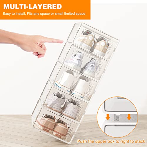 Fixwal 12pcs Shoe Storage Boxes Clear Shoe Boxes Stackable with Lids, Space Saving Shoe Holder Sneaker Display Case, Shoe Container Boxes for Closet Bedroom Bathroom