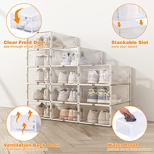 Fixwal 12pcs Shoe Storage Boxes Clear Shoe Boxes Stackable with Lids, Space Saving Shoe Holder Sneaker Display Case, Shoe Container Boxes for Closet Bedroom Bathroom