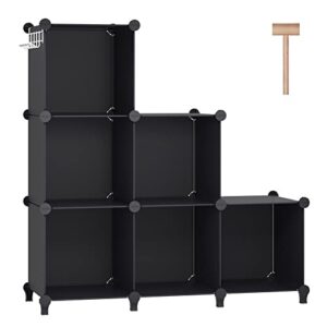 dinmo 6 cubes storage organizer, bookcase, display shelf with wooden mallet, cabinet storage for kids, adult, office, bedroom, bathroom, black