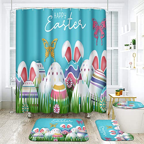 ArtSocket Easter 4 Pcs Shower Curtain Set Easter Blue Cartoon Bunny with Non-Slip Rugs Toilet Lid Cover and Bath Mat Bathroom Decor Set 72" x 72"