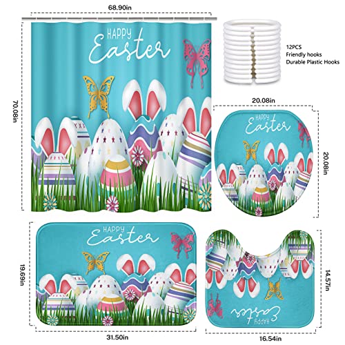 ArtSocket Easter 4 Pcs Shower Curtain Set Easter Blue Cartoon Bunny with Non-Slip Rugs Toilet Lid Cover and Bath Mat Bathroom Decor Set 72" x 72"