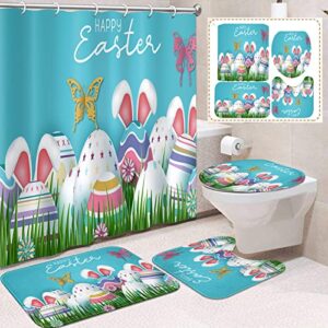 ArtSocket Easter 4 Pcs Shower Curtain Set Easter Blue Cartoon Bunny with Non-Slip Rugs Toilet Lid Cover and Bath Mat Bathroom Decor Set 72" x 72"