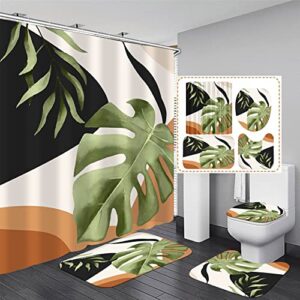 fzdhhy abstract tropical shower curtain set palm leaf botanical bathroom curtain set waterproof bathtub curtain with bathroom carpet bath mat toilet rugs