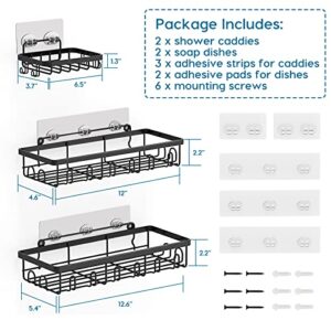 Shower Caddy 2 Pack, Adhesive Shower Shelf Bathroom Organizer Basket with Hooks and 2 Soap Holders, Rustproof Stainless Steel Shower Storage for Inside Shower Kitchen Tile Walls, No Drill, Matte Black