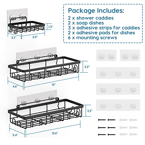 Shower Caddy 2 Pack, Adhesive Shower Shelf Bathroom Organizer Basket with Hooks and 2 Soap Holders, Rustproof Stainless Steel Shower Storage for Inside Shower Kitchen Tile Walls, No Drill, Matte Black