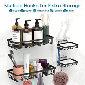 Shower Caddy 2 Pack, Adhesive Shower Shelf Bathroom Organizer Basket with Hooks and 2 Soap Holders, Rustproof Stainless Steel Shower Storage for Inside Shower Kitchen Tile Walls, No Drill, Matte Black