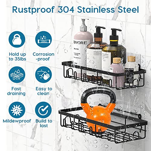 Shower Caddy 2 Pack, Adhesive Shower Shelf Bathroom Organizer Basket with Hooks and 2 Soap Holders, Rustproof Stainless Steel Shower Storage for Inside Shower Kitchen Tile Walls, No Drill, Matte Black