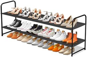 sleeping lamb long 2-tier shoe organizer for closet, stackable wide shoe rack holds 18-pairs low shoe shelf storage for bedroom, floor, entryway(black)