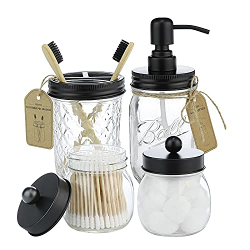 IMAVO Mason Jar Bathroom Accessories Set,4 Pcs Gift Set - Liquid Hand Soap Dispenser, Toothbrush Holder, 2 Cotton Ball Jar, Farmhouse Decor Bathroom Set(Black)