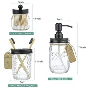 IMAVO Mason Jar Bathroom Accessories Set,4 Pcs Gift Set - Liquid Hand Soap Dispenser, Toothbrush Holder, 2 Cotton Ball Jar, Farmhouse Decor Bathroom Set(Black)