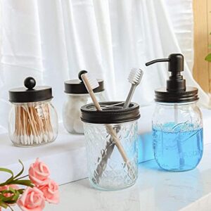 IMAVO Mason Jar Bathroom Accessories Set,4 Pcs Gift Set - Liquid Hand Soap Dispenser, Toothbrush Holder, 2 Cotton Ball Jar, Farmhouse Decor Bathroom Set(Black)