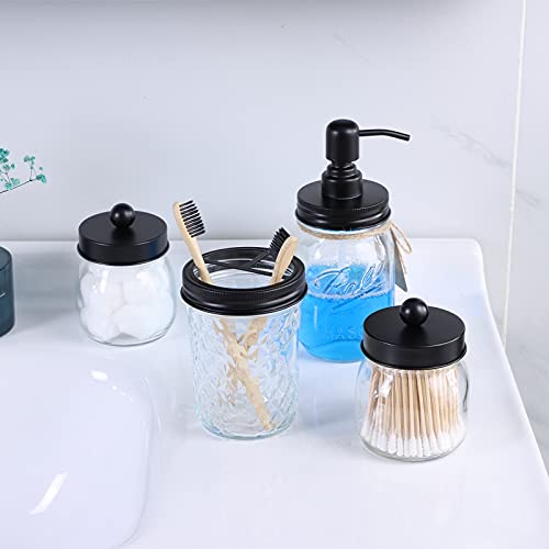 IMAVO Mason Jar Bathroom Accessories Set,4 Pcs Gift Set - Liquid Hand Soap Dispenser, Toothbrush Holder, 2 Cotton Ball Jar, Farmhouse Decor Bathroom Set(Black)