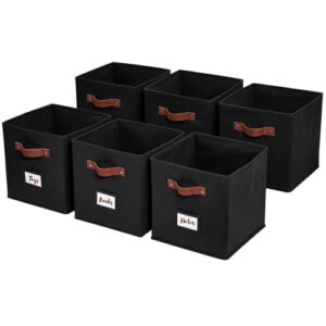 decomomo storage cubes with label holders collapsible storage bins for shelves with faux leather handles 11 inch cube storage bin for organizers shelves closet toys clothes (11" / 6pcs, black)