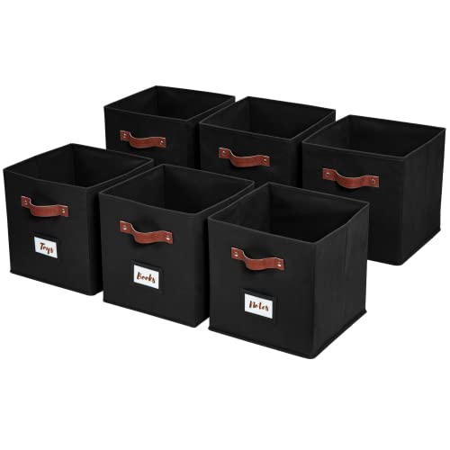 DECOMOMO Storage Cubes with Label Holders Collapsible Storage Bins for Shelves with Faux Leather Handles 11 Inch Cube Storage Bin for Organizers Shelves Closet Toys Clothes (11" / 6pcs, Black)