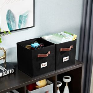 DECOMOMO Storage Cubes with Label Holders Collapsible Storage Bins for Shelves with Faux Leather Handles 11 Inch Cube Storage Bin for Organizers Shelves Closet Toys Clothes (11" / 6pcs, Black)