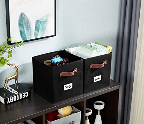 DECOMOMO Storage Cubes with Label Holders Collapsible Storage Bins for Shelves with Faux Leather Handles 11 Inch Cube Storage Bin for Organizers Shelves Closet Toys Clothes (11" / 6pcs, Black)