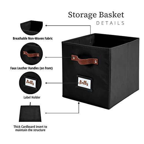 DECOMOMO Storage Cubes with Label Holders Collapsible Storage Bins for Shelves with Faux Leather Handles 11 Inch Cube Storage Bin for Organizers Shelves Closet Toys Clothes (11" / 6pcs, Black)