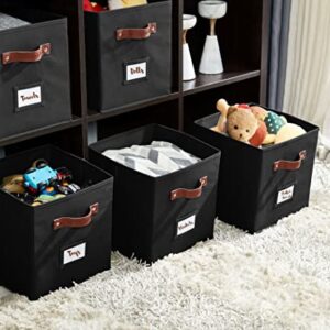 DECOMOMO Storage Cubes with Label Holders Collapsible Storage Bins for Shelves with Faux Leather Handles 11 Inch Cube Storage Bin for Organizers Shelves Closet Toys Clothes (11" / 6pcs, Black)