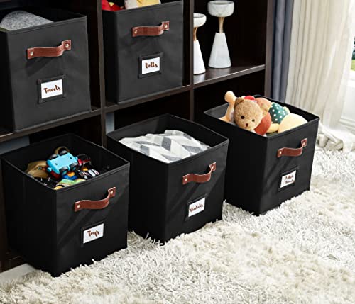 DECOMOMO Storage Cubes with Label Holders Collapsible Storage Bins for Shelves with Faux Leather Handles 11 Inch Cube Storage Bin for Organizers Shelves Closet Toys Clothes (11" / 6pcs, Black)