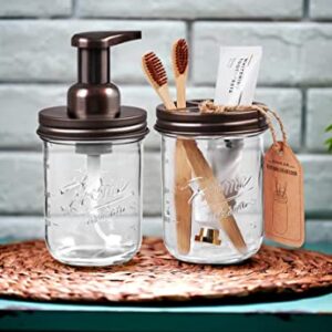 Mason Jar Bathroom Accessories Set - Includes Mason Jar Foaming Hand Soap Dispenser and Toothbrush Holder - Rustic Farmhouse Decor Apothecary Jars Bathroom Countertop and Vanity Organizer (Bronze)