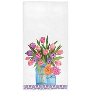 Tulip Daisy Flower Vase Pink Flowers Hand Towels 16x30 in Welcome Spring Summer Floral Farmhouse Bathroom Towel Purple Lace Plaid Small Bath Towel Kitchen Dish Guest Towel Home Bathroom Decorations