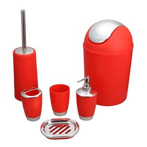 bathroom accessories set 6 pieces plastic bathroom accessories toothbrush holder, rinse cup, soap dish, hand sanitizer bottle, waste bin, toilet brush with holder (red)