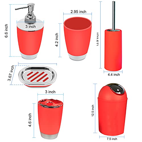 Bathroom Accessories Set 6 Pieces Plastic Bathroom Accessories Toothbrush Holder, Rinse Cup, Soap Dish, Hand Sanitizer Bottle, Waste Bin, Toilet Brush with Holder (RED)