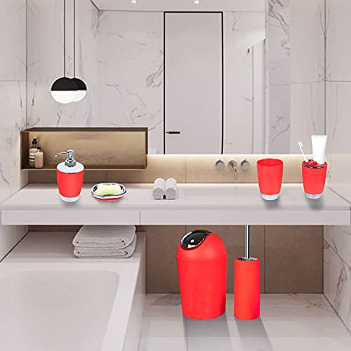 Bathroom Accessories Set 6 Pieces Plastic Bathroom Accessories Toothbrush Holder, Rinse Cup, Soap Dish, Hand Sanitizer Bottle, Waste Bin, Toilet Brush with Holder (RED)