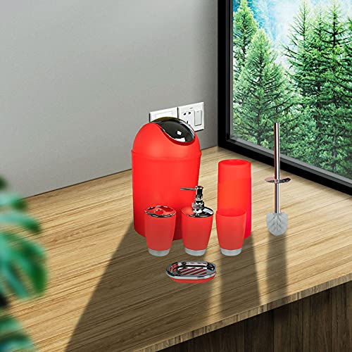 Bathroom Accessories Set 6 Pieces Plastic Bathroom Accessories Toothbrush Holder, Rinse Cup, Soap Dish, Hand Sanitizer Bottle, Waste Bin, Toilet Brush with Holder (RED)