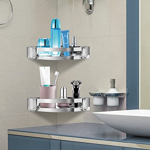 Shower Caddy Corner Bathroom Shelf with Hooks Shower Organizer No Drilling Wall Mounted Basket Rustproof Storage Rack with Adhesive for College Dorm Kitchen Toilet, 2 Pack Sliver