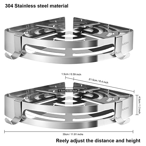 Shower Caddy Corner Bathroom Shelf with Hooks Shower Organizer No Drilling Wall Mounted Basket Rustproof Storage Rack with Adhesive for College Dorm Kitchen Toilet, 2 Pack Sliver