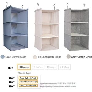 DonYeco Hanging Closet Organizer and Storage 3-Shelf, Easy Mount Foldable Hanging Closet Wardrobe Storage Shelves, Clothes Handbag Shoes Accessories Storage, Washable Oxford Cloth Fabric, Gray