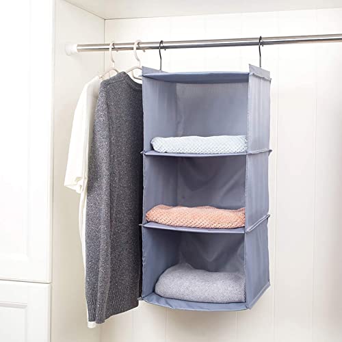 DonYeco Hanging Closet Organizer and Storage 3-Shelf, Easy Mount Foldable Hanging Closet Wardrobe Storage Shelves, Clothes Handbag Shoes Accessories Storage, Washable Oxford Cloth Fabric, Gray