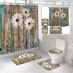 4 pcs rustic flower shower curtain set with non-slip rug,toilet lid cover,u shape mat,farmhouse waterproof fabric shower?curtains with 12 hooks and rug mat set for bathroom,71''l