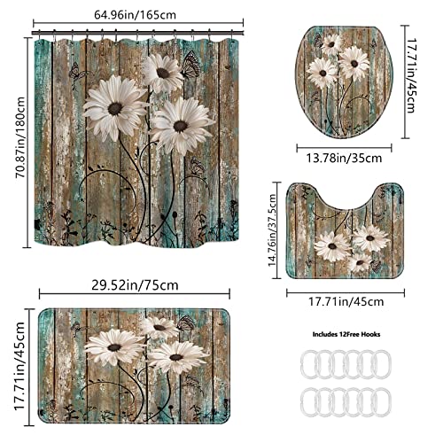 4 PCS Rustic Flower Shower Curtain Set with Non-Slip Rug,Toilet Lid Cover,U Shape Mat,Farmhouse Waterproof Fabric Shower?Curtains with 12 Hooks and Rug Mat Set for Bathroom,71''L