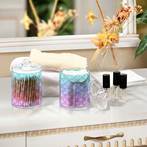 MNSRUU 2 Pack Qtip Holder Organizer Dispenser Pink Blue Mermaid Scales Bathroom Storage Canister Cotton Ball Holder Bathroom Containers for Cotton Swabs/Pads/Floss