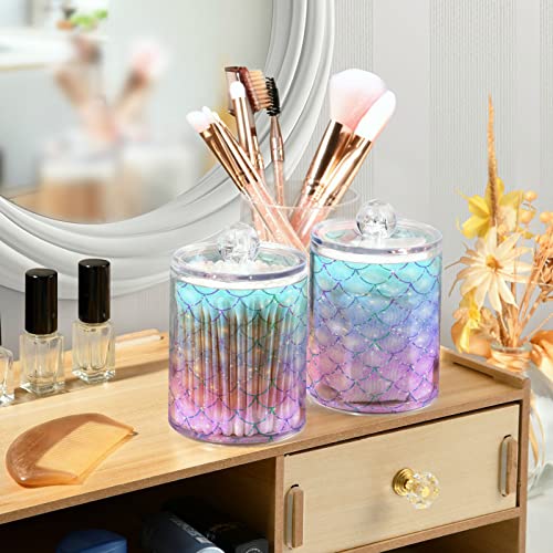 MNSRUU 2 Pack Qtip Holder Organizer Dispenser Pink Blue Mermaid Scales Bathroom Storage Canister Cotton Ball Holder Bathroom Containers for Cotton Swabs/Pads/Floss