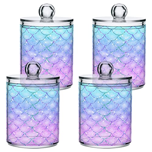 MNSRUU 2 Pack Qtip Holder Organizer Dispenser Pink Blue Mermaid Scales Bathroom Storage Canister Cotton Ball Holder Bathroom Containers for Cotton Swabs/Pads/Floss