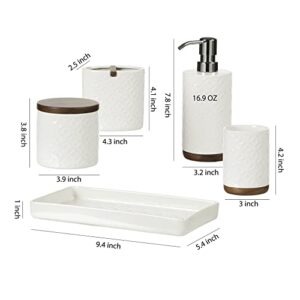 Motifeur Bathroom Accessories Set, 5-Piece Ceramic and Wood Bath Accessory Complete Set with Lotion Dispenser/Soap Pump, Cotton Jar, Vanity Tray, Tumbler and Toothbrush Holder (White and Beige)