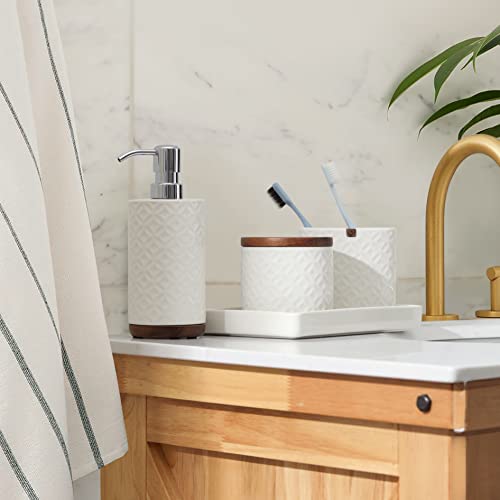 Motifeur Bathroom Accessories Set, 5-Piece Ceramic and Wood Bath Accessory Complete Set with Lotion Dispenser/Soap Pump, Cotton Jar, Vanity Tray, Tumbler and Toothbrush Holder (White and Beige)
