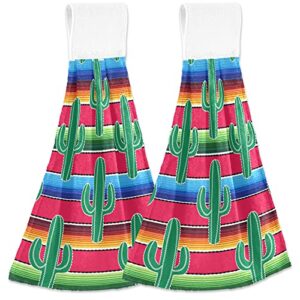 visesunny hanging tie towels 2 pack kitchen hand towels dishcloths sets with loop green cactus mexican blanket stripe soft cotton absorbent hand towels for bathroom restaurant hotel bbq machine washab