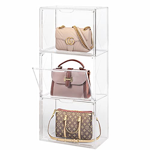 WMM 3 Packs Clear Handbag Storage Organizers for Closet, Plastic Acrylic Handbag Purse Shoes Toy Display Case, Stackable Magnetic Drop Front Storage Organizer