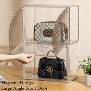 WMM 3 Packs Clear Handbag Storage Organizers for Closet, Plastic Acrylic Handbag Purse Shoes Toy Display Case, Stackable Magnetic Drop Front Storage Organizer