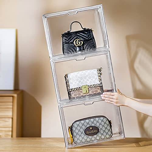 WMM 3 Packs Clear Handbag Storage Organizers for Closet, Plastic Acrylic Handbag Purse Shoes Toy Display Case, Stackable Magnetic Drop Front Storage Organizer