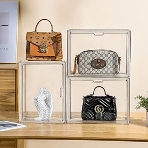 WMM 3 Packs Clear Handbag Storage Organizers for Closet, Plastic Acrylic Handbag Purse Shoes Toy Display Case, Stackable Magnetic Drop Front Storage Organizer