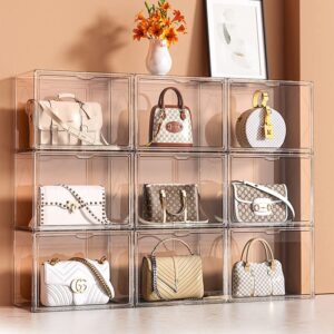 WMM 3 Packs Clear Handbag Storage Organizers for Closet, Plastic Acrylic Handbag Purse Shoes Toy Display Case, Stackable Magnetic Drop Front Storage Organizer