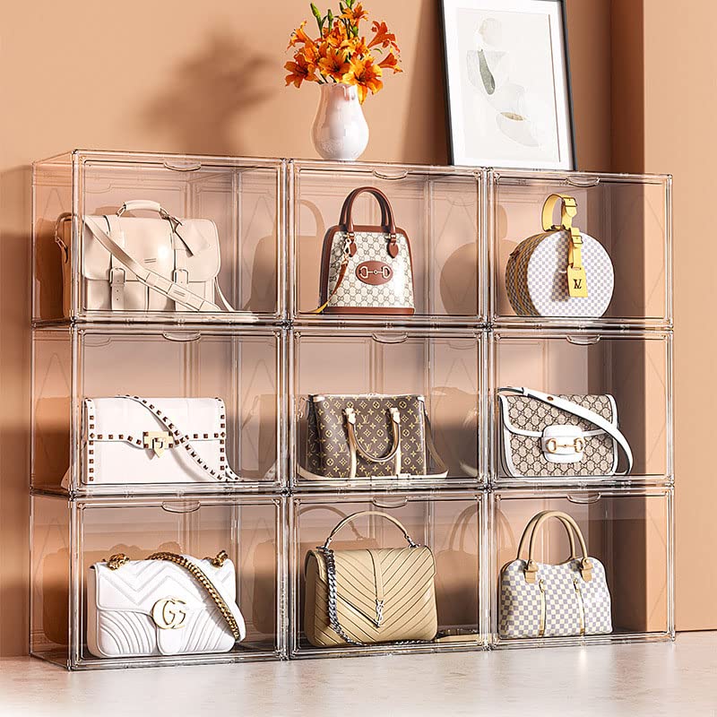 WMM 3 Packs Clear Handbag Storage Organizers for Closet, Plastic Acrylic Handbag Purse Shoes Toy Display Case, Stackable Magnetic Drop Front Storage Organizer