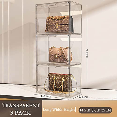 WMM 3 Packs Clear Handbag Storage Organizers for Closet, Plastic Acrylic Handbag Purse Shoes Toy Display Case, Stackable Magnetic Drop Front Storage Organizer