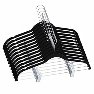 10 pack velvet skirt hangers with clips, velvet pants hangers for suits, trouser , skirts, coat, dresses, 360 degree swivel hook (black)